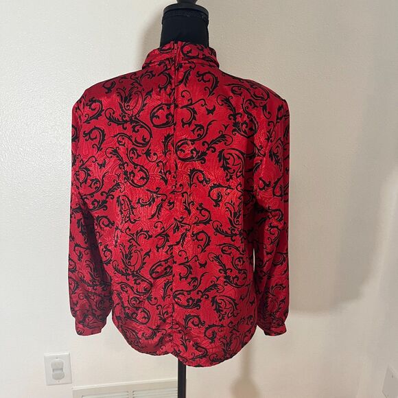 Vintage 80s Pyke Limited Red & Black Damask Flourish Print Blouse Sz.14 - Picture 9 of 9
